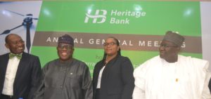 Non-Executive Director, Adetola Atekoja; MD/CEO of Heritage Bank, Ifie Sekibo; Chairman, Akinsola Akinfemiwa; the bank’s Company Secretary, Olutomi Ojo and Non-Executive Director, Alhaji Jani Ibrahim, at Heritage Bank’s 1st AGM, Lagos, on Tuesday.