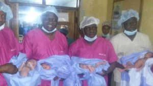 Chief Medical Director (CMD) of University of Ilorin Teaching Hospital (UITH), Kwara State, Prof. Abdulwaheed Olatinwo (second left) leading the team of surgeons who took delivery of four babies conceived through In Vitro Fertilisation (IVF) at the Hospital’s Centre
